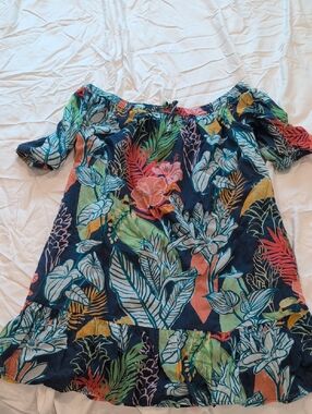 Tori Richard Navy Dress with Multicolor Tropical Waist Trim